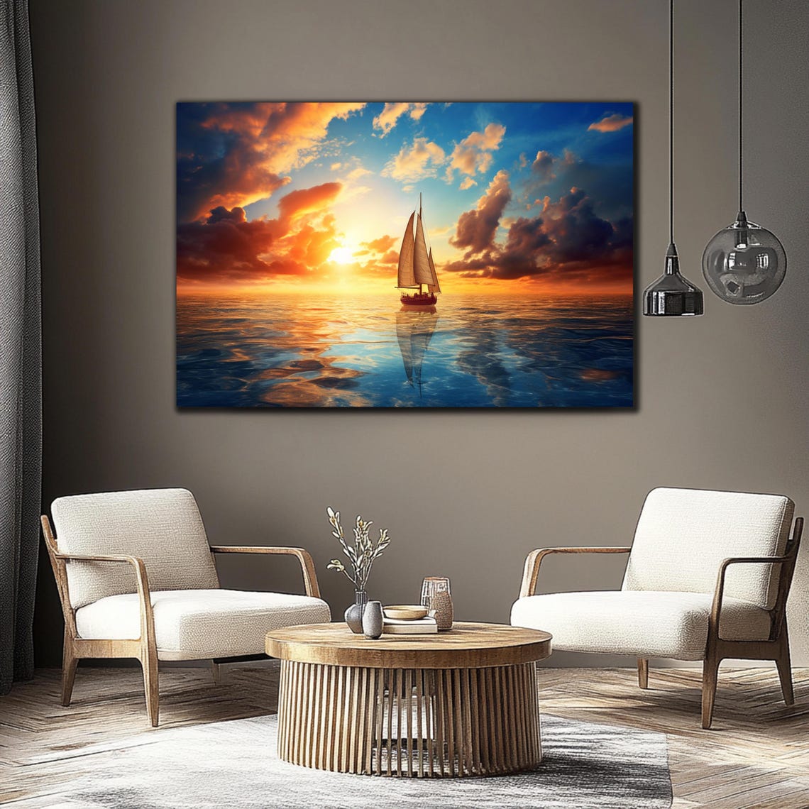 Lone Sailboat Sunset Dramatic Clouds Reflective Ocean Golden Poster - Image 3