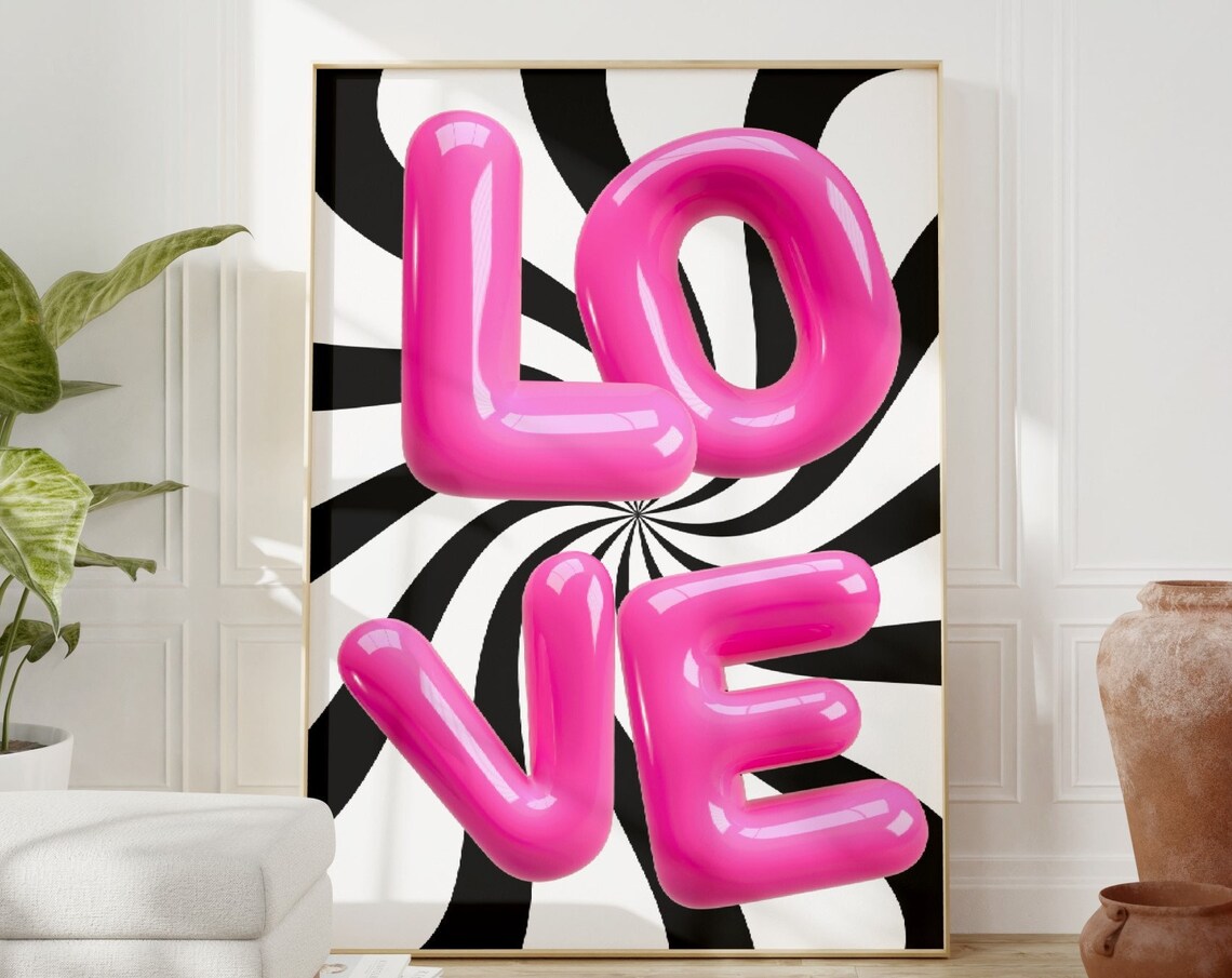 Love Pink Inflatable Bubble Letters Psychedelic Swirl Art Poster
