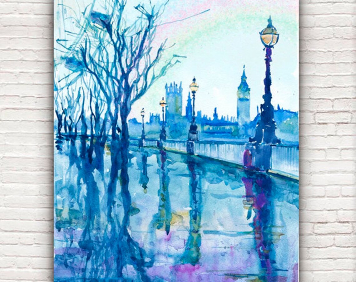London Watercolor Cityscape, Big Ben Art Print