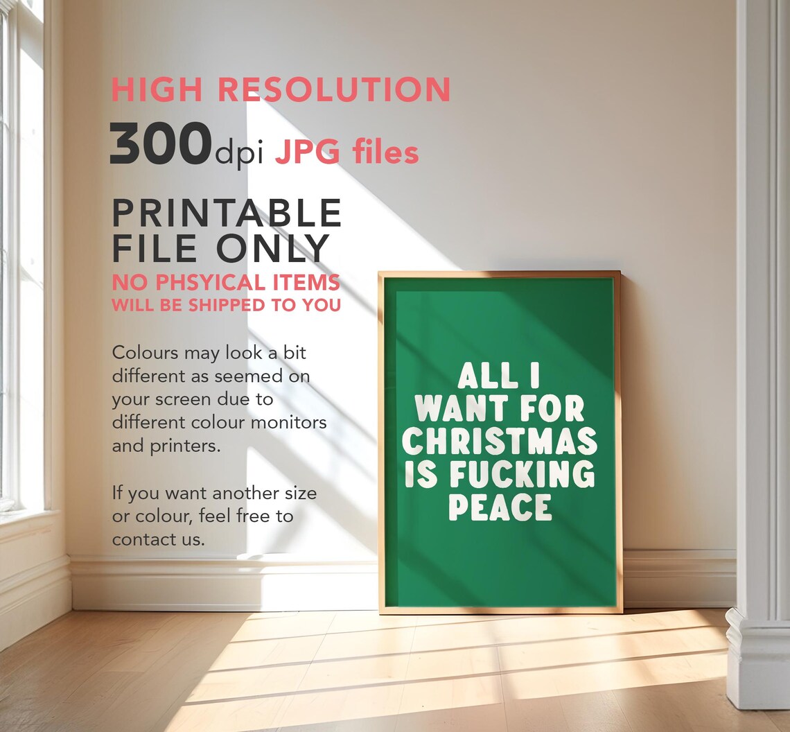 All I Want For Christmas Is Peace Funny Green Bold Quote Poster - Image 3