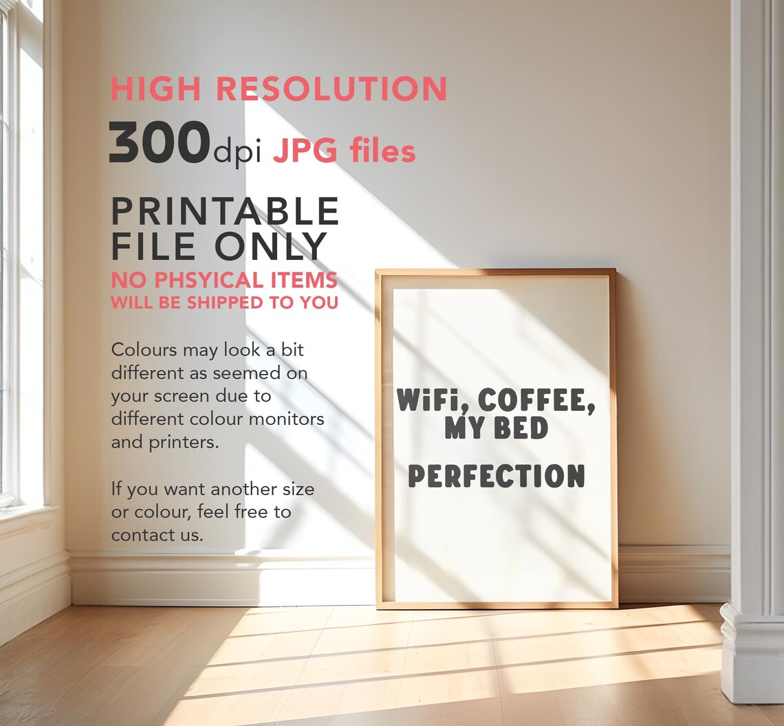 Wifi Coffee My Bed Perfection Funny Black Typography Quote Poster - Image 3