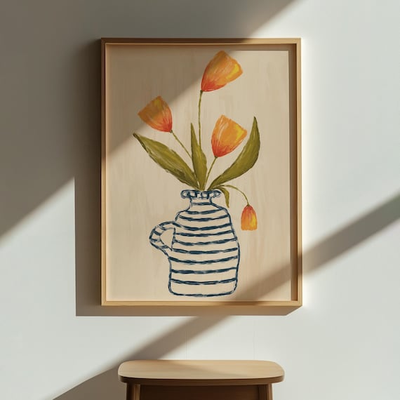 Vibrant Tulip Flower In Vase Minimalist Art Floral Poster Modern Illustration Wall