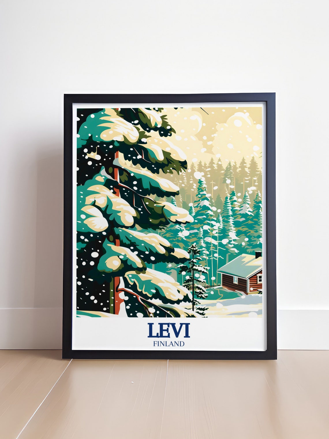 Cozy Levi Finland Snowy Forest Poster Winter Cabin Travel Art - Image 4