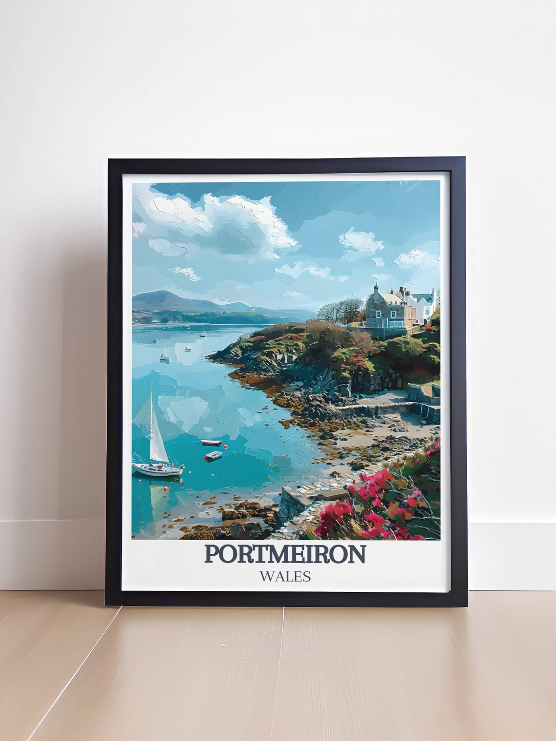 Portmeirion Turquoise Bay Sailboats and Coastal Villa Wales Poster - Image 4