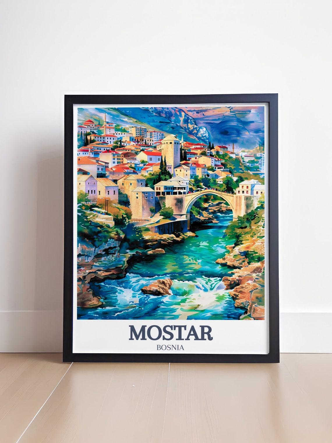 Mostar Stari Most Old Bridge Neretva River Travel Art Poster - Image 4