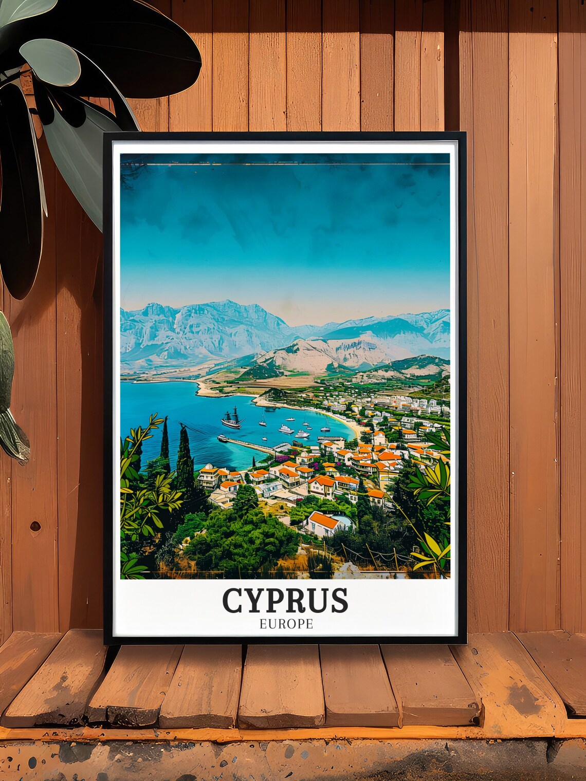 Cyprus Mediterranean Coastal Town Bay and Mountains Travel Poster - Image 3
