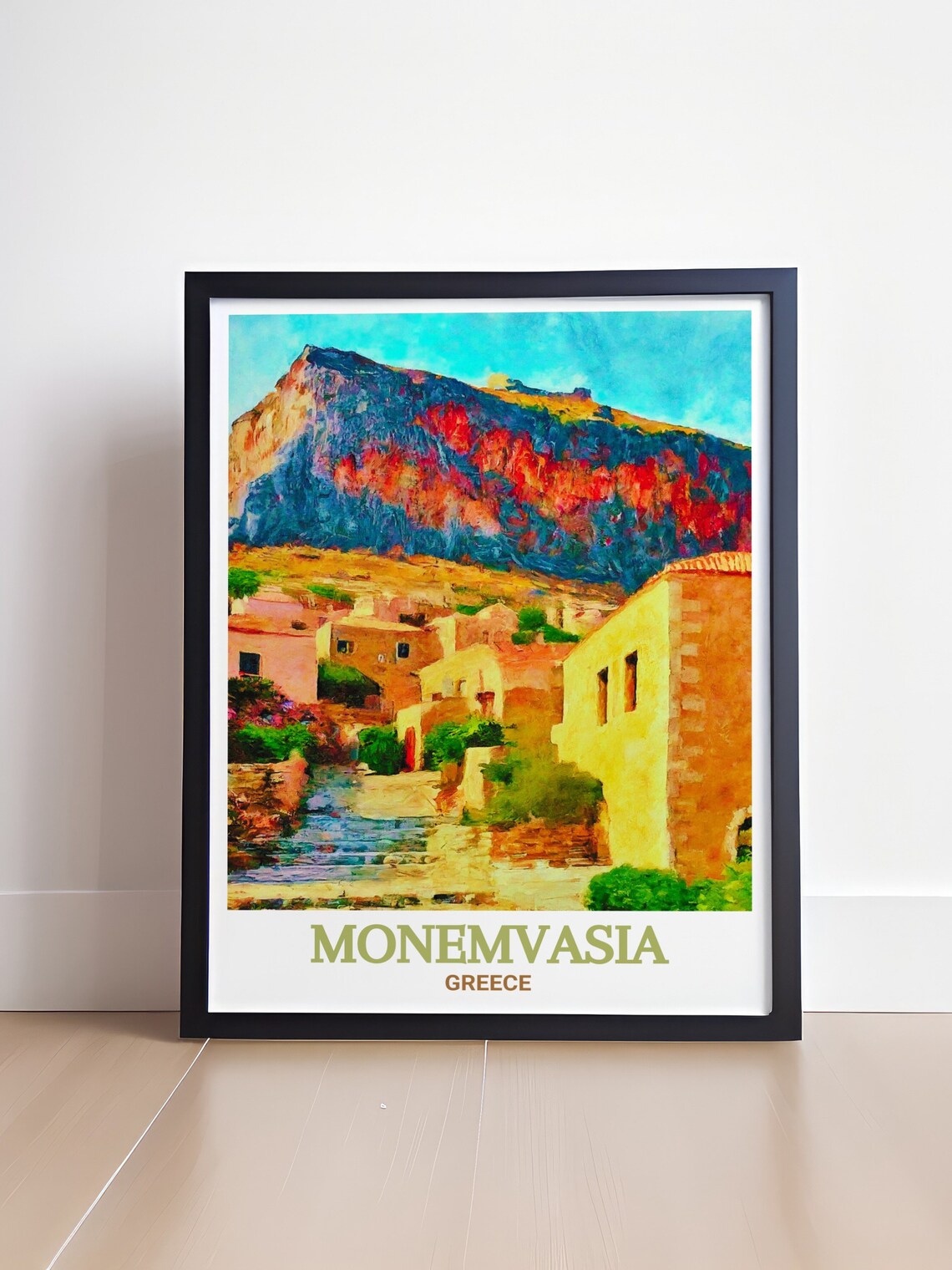 Monemvasia Castle Rock Sunlit Old Town Houses Greece Travel Poster - Image 4