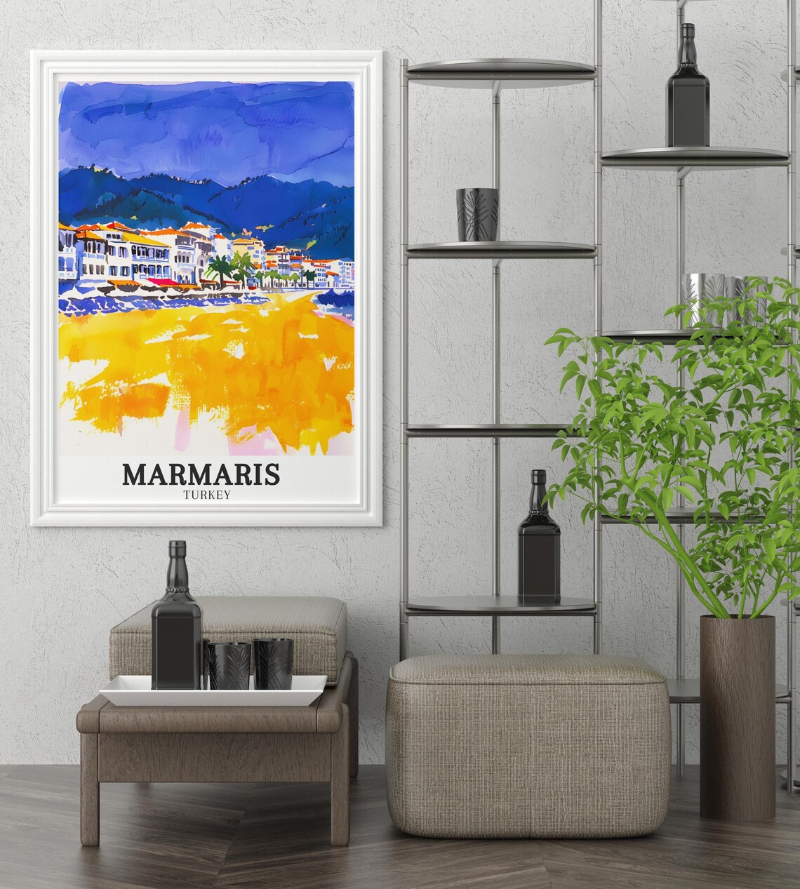 Marmaris Turkey Watercolor Beachfront Town and Golden Shore Poster - Image 2
