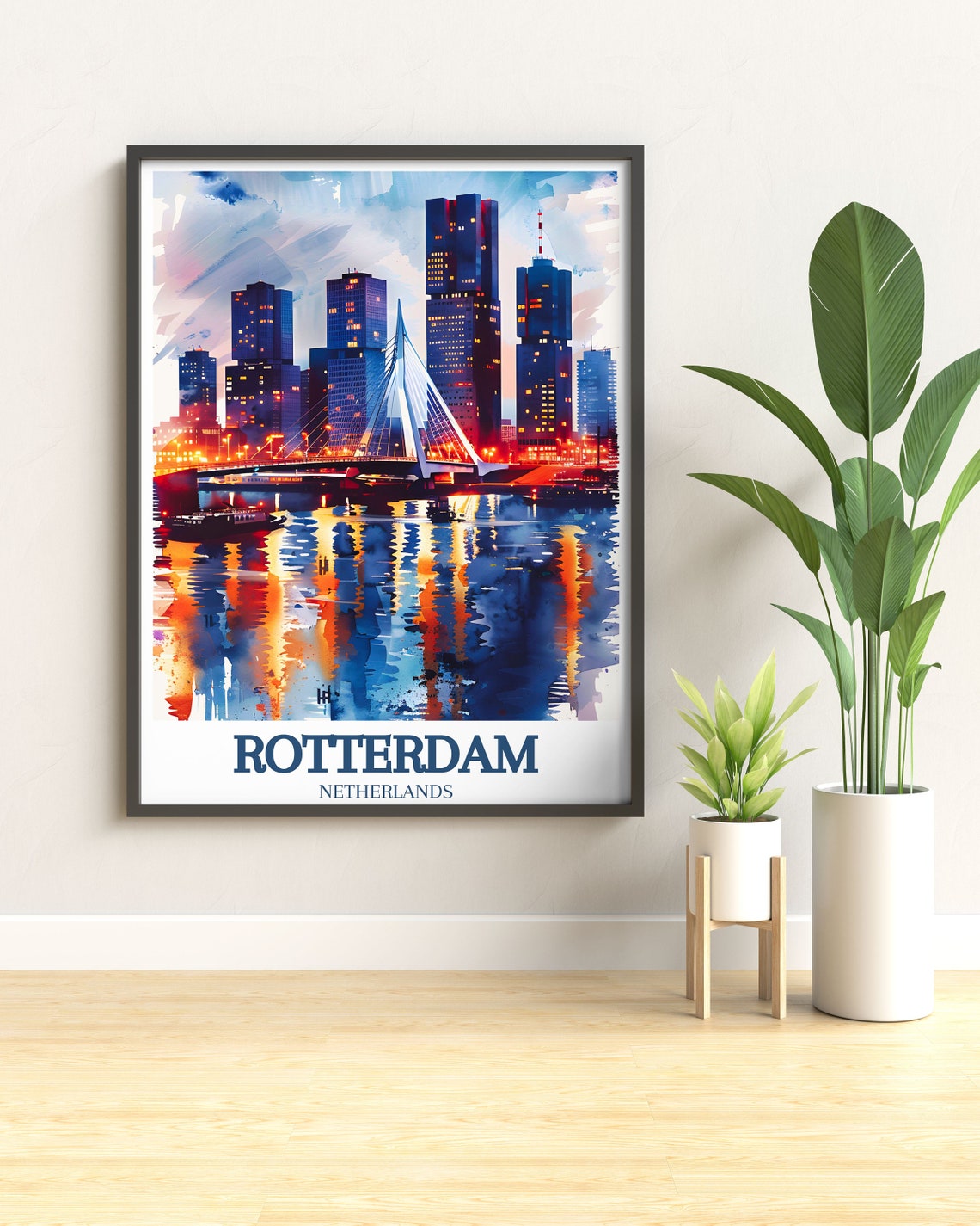 Rotterdam Skyline And Erasmus Bridge Night City Lights Poster - Image 2