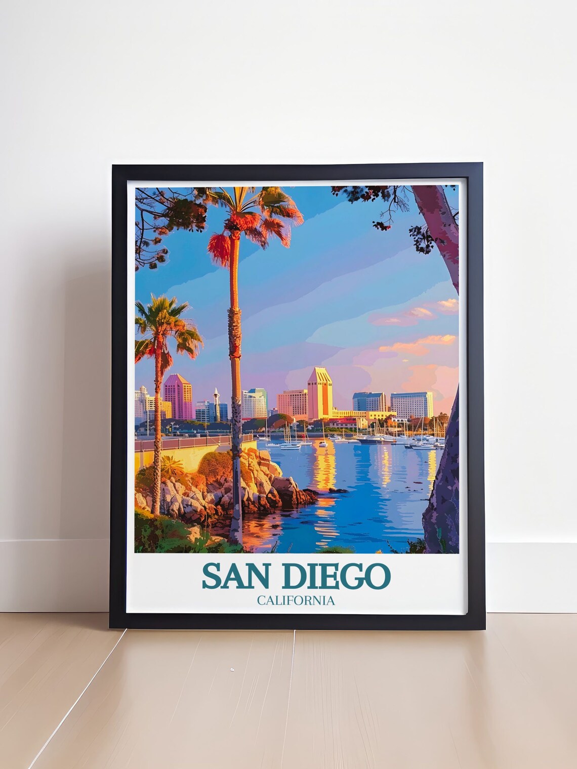 San Diego California Harbor Sunset Marina Skyline Travel Poster - Image 4