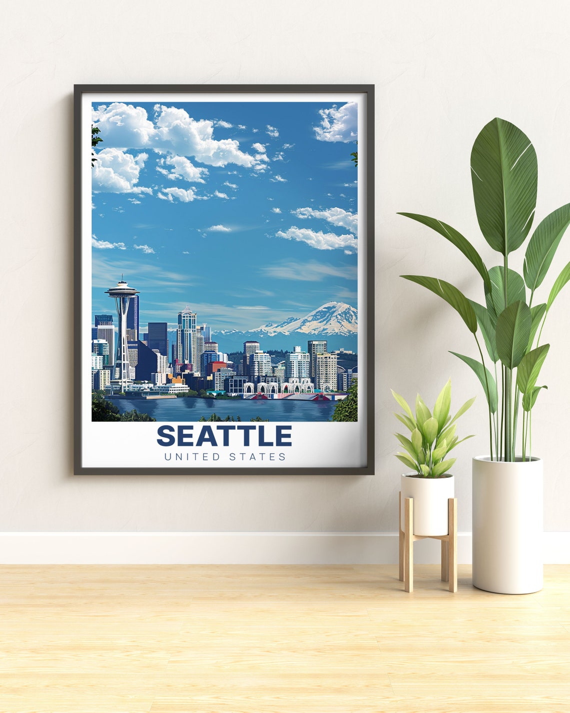 Seattle Space Needle Mount Rainier Bright Blue Sky Skyline Poster - Image 2