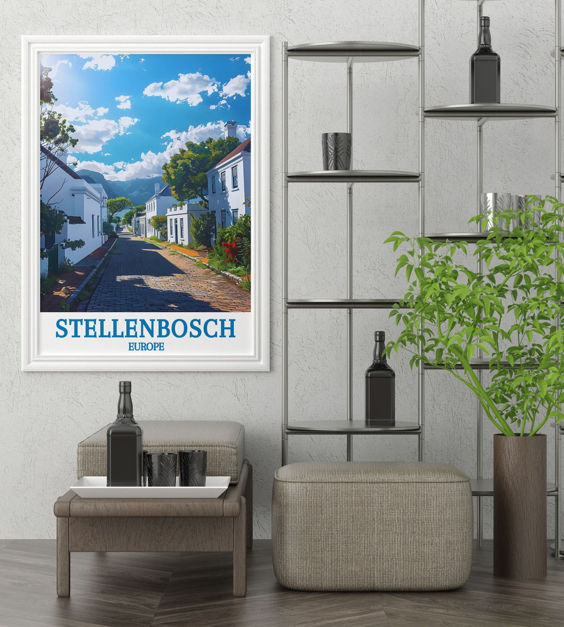 Stellenbosch Historic Cobblestone Street White Cape Homes Poster - Image 3