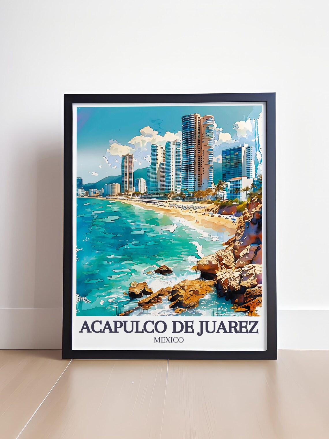 Acapulco Mexico Watercolor Rocky Coast Towers Retro Travel Poster - Image 4