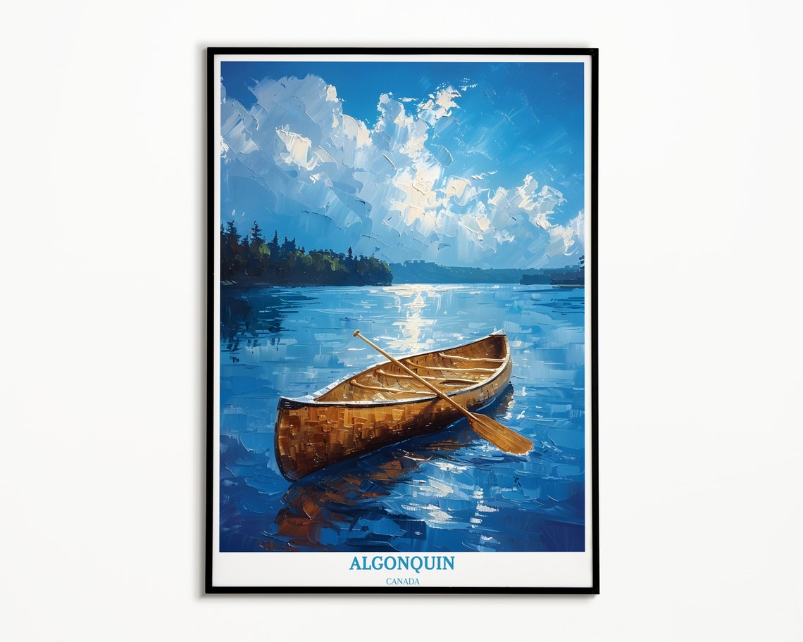 Algonquin Canada Wooden Canoe Blue Lake Painterly Travel Poster - Image 2