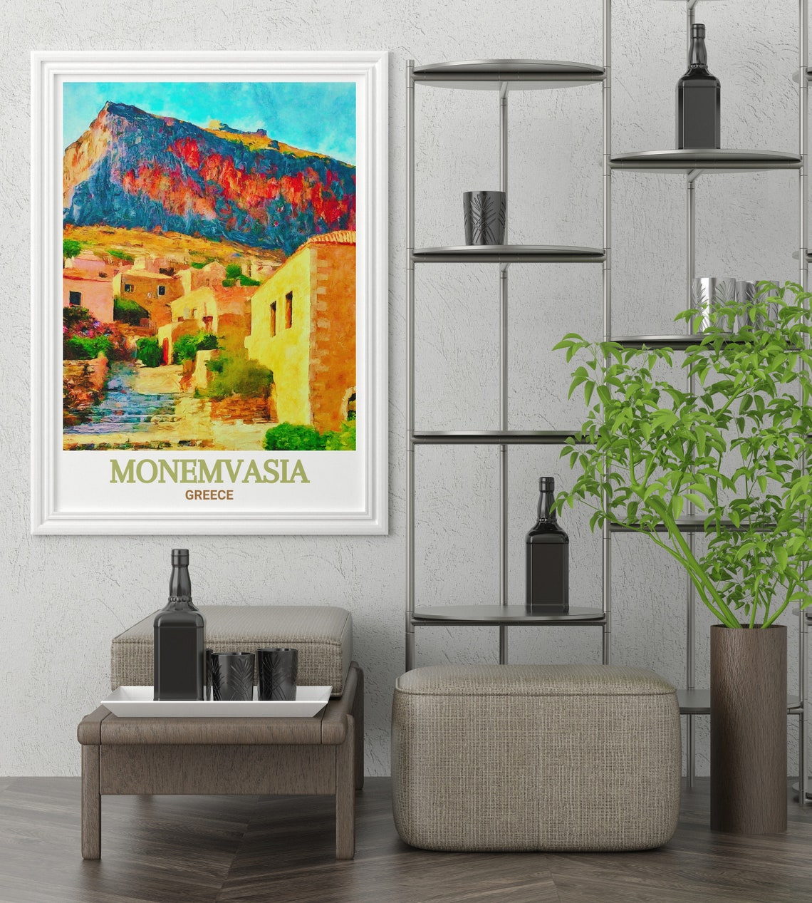 Monemvasia Castle Rock Sunlit Old Town Houses Greece Travel Poster - Image 2