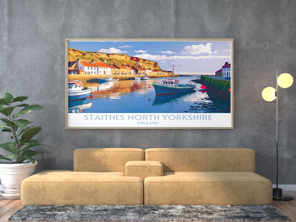 Staithes North Yorkshire Moored Boats Cliffside Cottages Travel Poster - Image 2