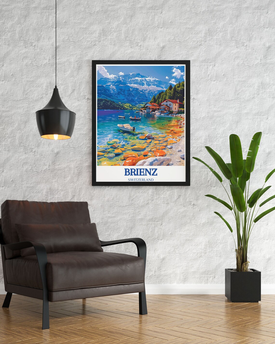 Brienz Switzerland Village Shoreline Boats Beneath Snowy Alps Poster - Image 2