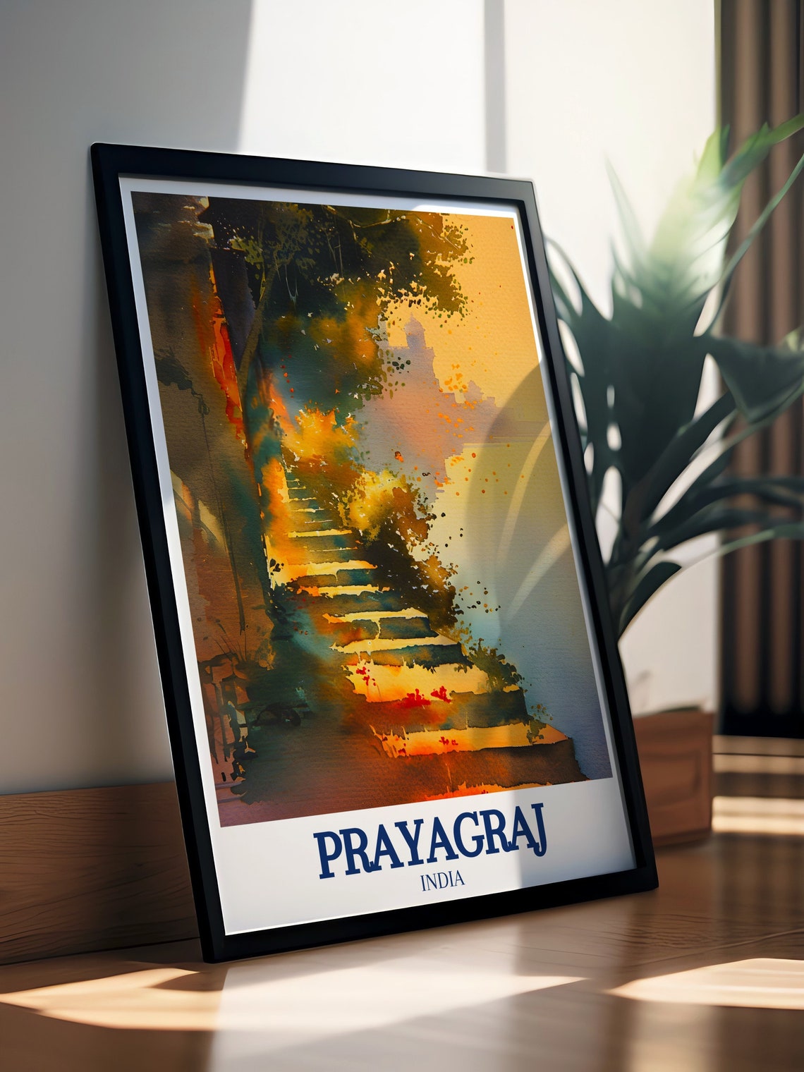 Prayagraj India Golden Watercolor Temple Staircase River Poster - Image 3