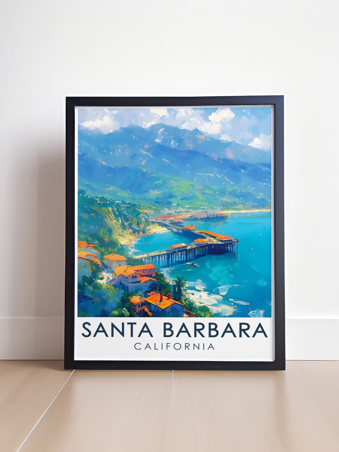 Santa Barbara Stearns Wharf Pier Beach Mountain View Travel Poster - Image 4