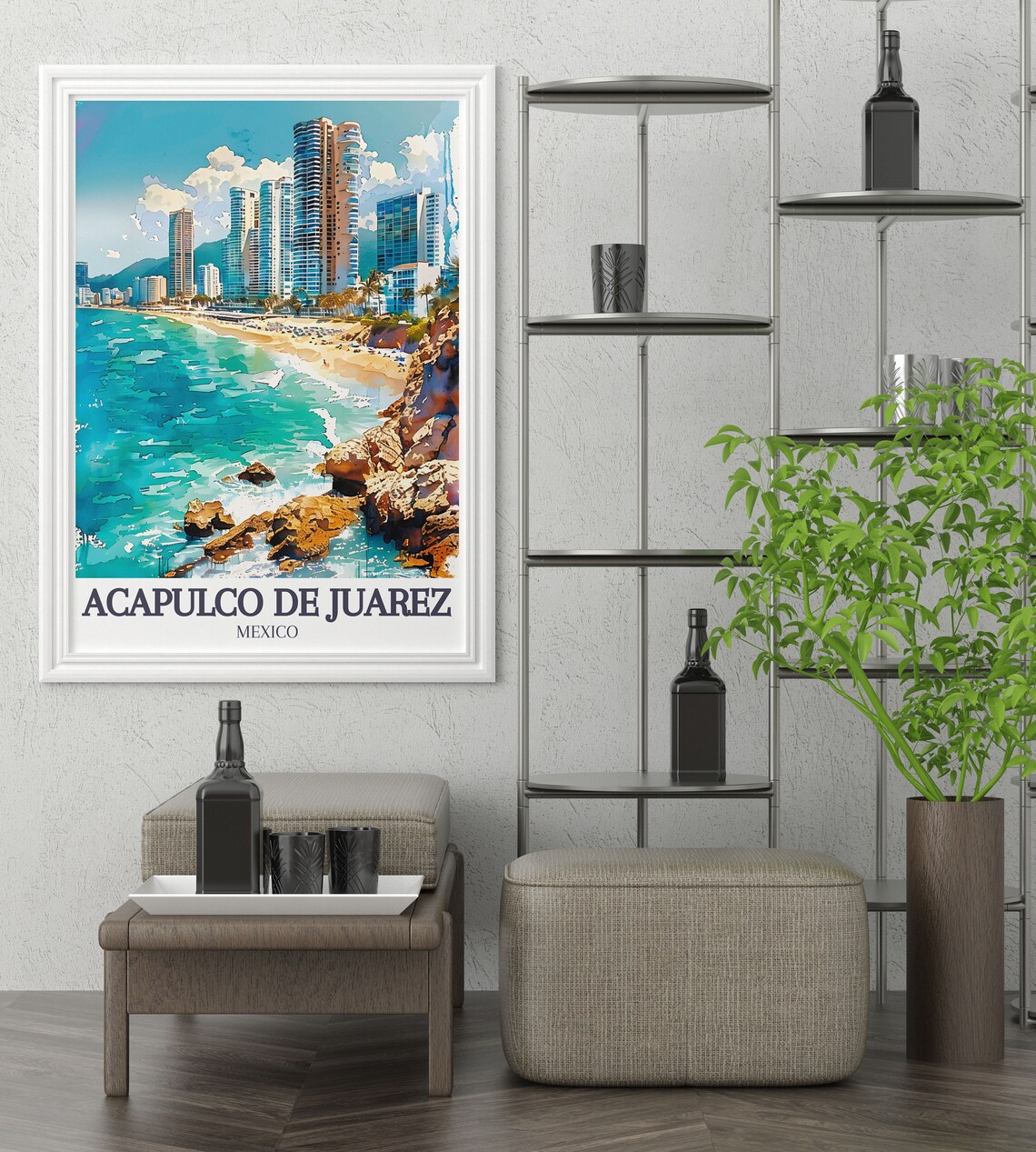 Acapulco Mexico Watercolor Rocky Coast Towers Retro Travel Poster - Image 2