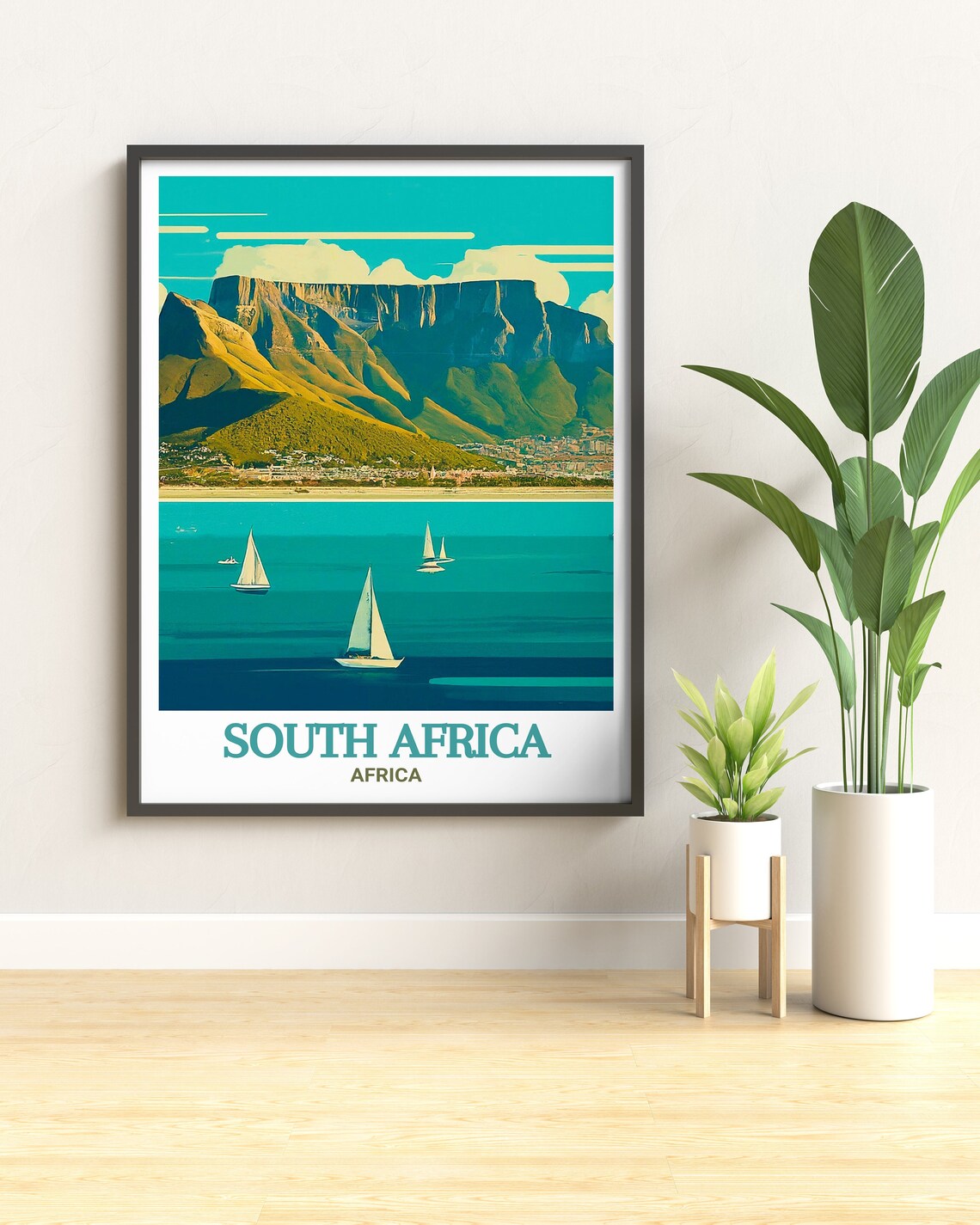 South Africa Table Mountain Teal Seascape Sailboat Bay Poster - Image 3