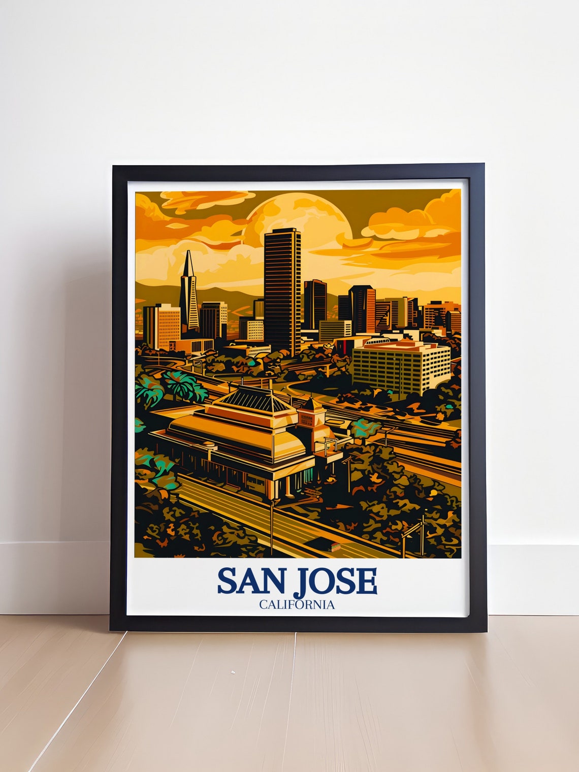 San Jose California Downtown Skyline at Golden Sunset Retro Poster - Image 4
