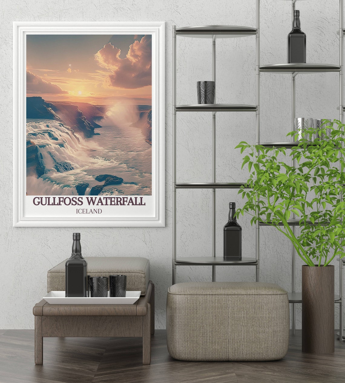 Gullfoss Waterfall Iceland Sunset Golden Spray Cascades Poster - Image 2