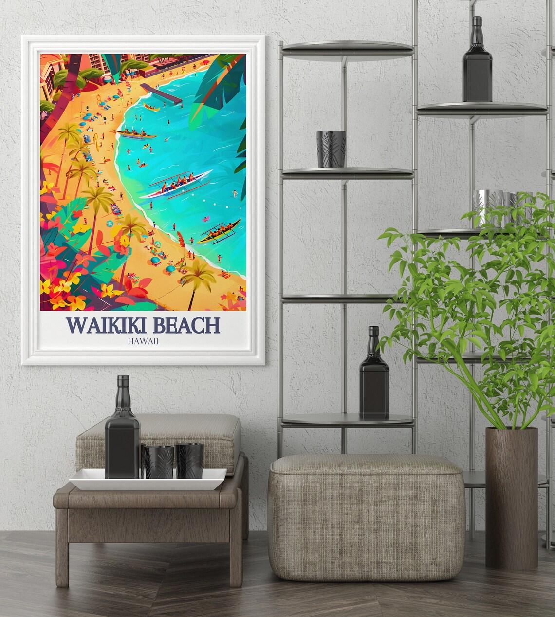 Waikiki Beach Hawaii Surf Canoes Palm Trees Colorful Beach Poster - Image 3