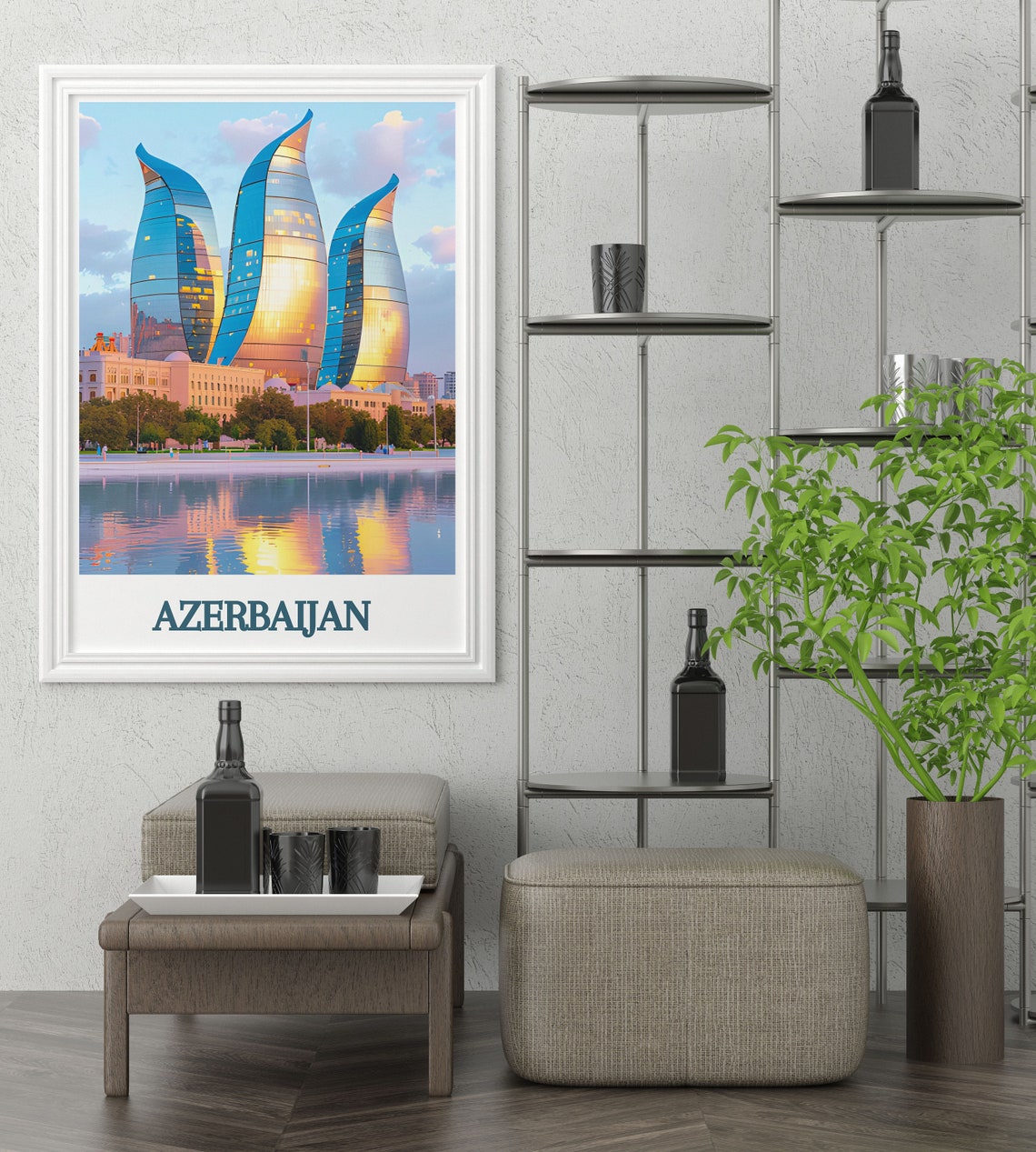 Azerbaijan Baku Flame Towers At Sunset Water Reflection Poster - Image 3