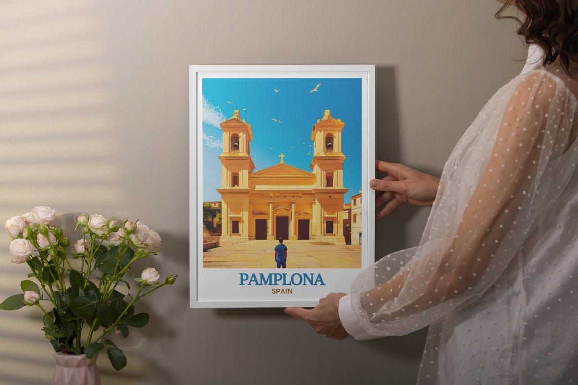 Pamplona Spain Twin-Towered Cathedral Against Blue Sky Poster - Image 4
