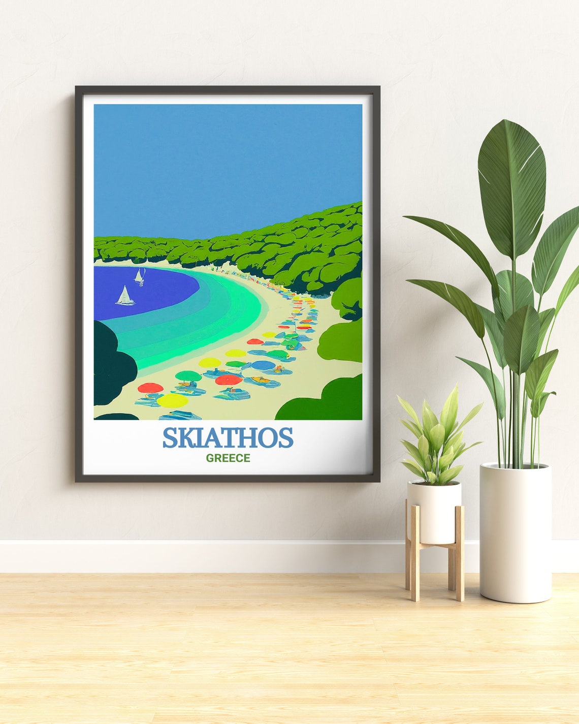 Skiathos Koukounaries Beach Colorful Umbrellas Curve Greece Poster - Image 3