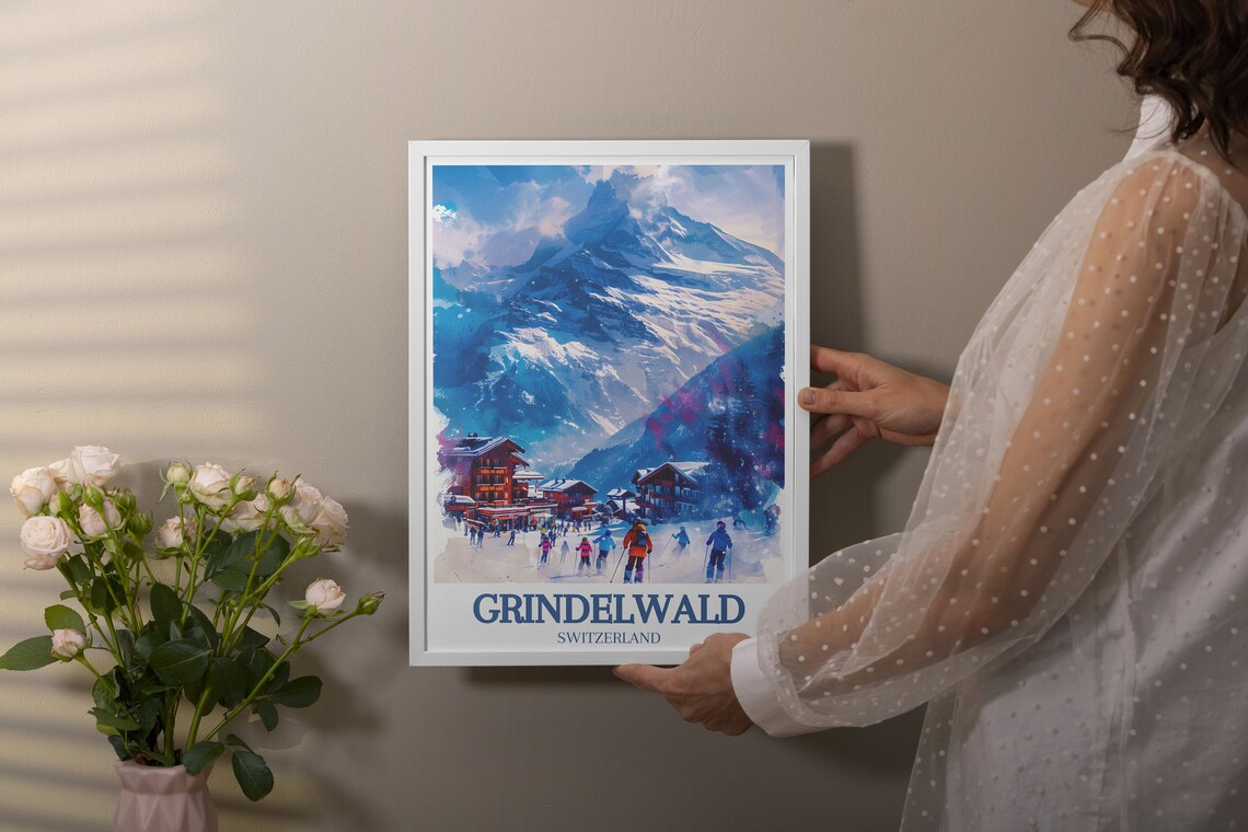 Grindelwald Switzerland Village Skiers Eiger Watercolor Poster - Image 3