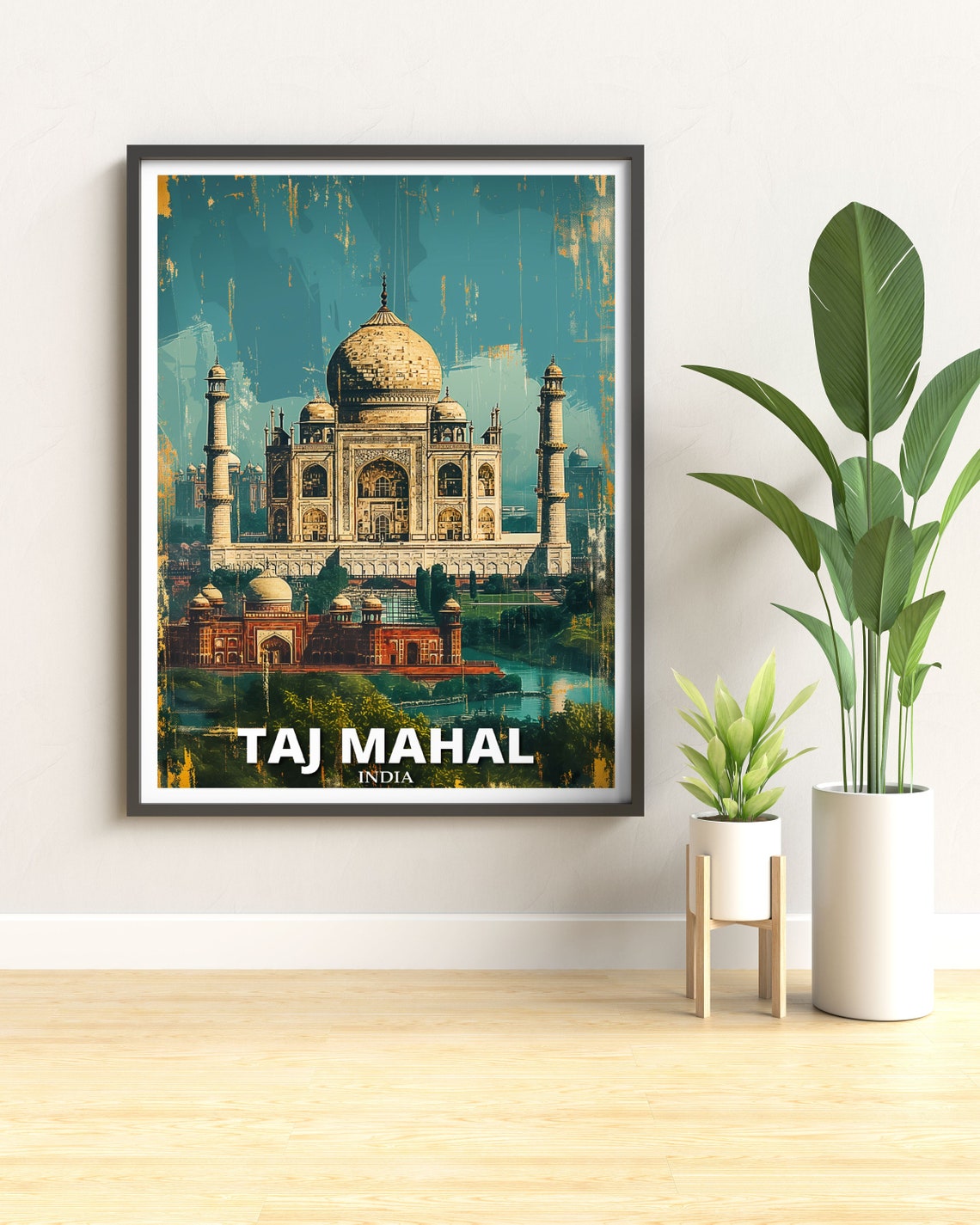 Taj Mahal India Vintage Distressed Teal Art Style Wall Poster - Image 3