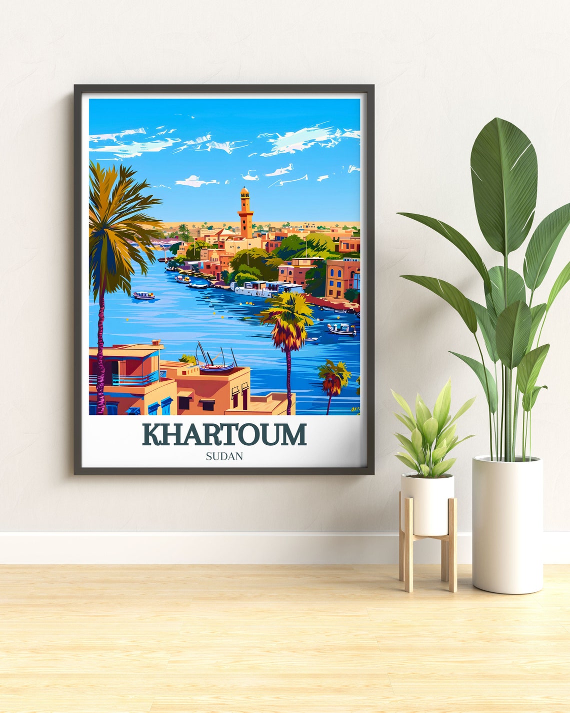 Khartoum Waterfront With Mosque Minaret and Palm Trees Travel Poster - Image 2