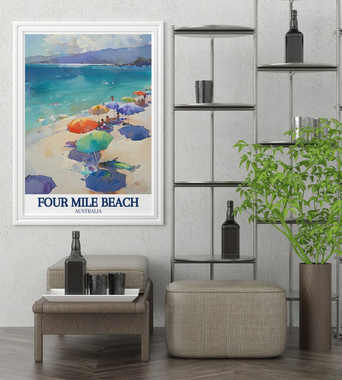 Four Mile Beach Australia Watercolor Beach Umbrellas Scene Poster - Image 2