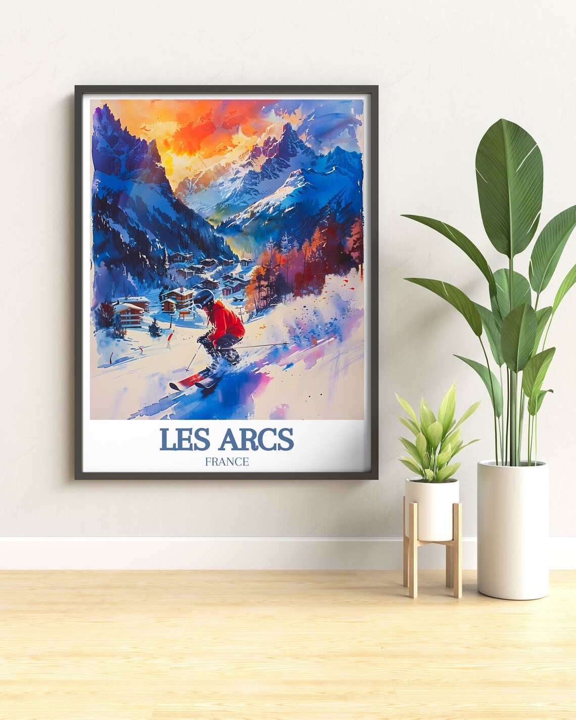 Les Arcs France Skier in Red Descending Past Village Chalets Poster - Image 3