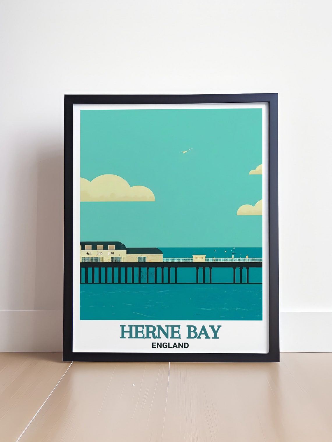 Herne Bay England Minimalist Pier Teal Seaside Scene Art Poster - Image 4