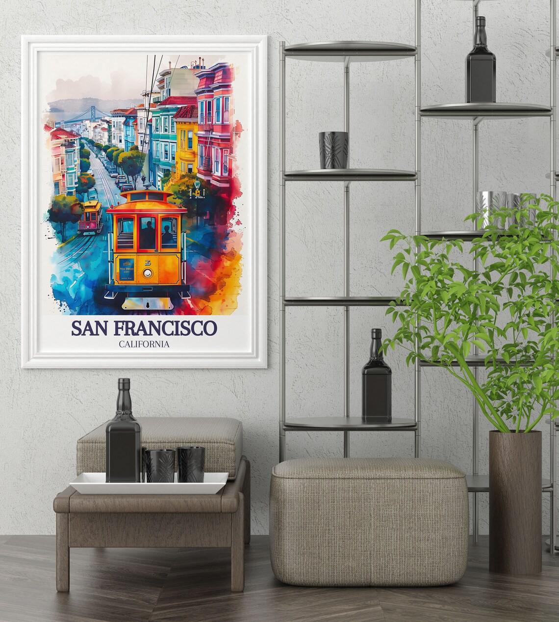 San Francisco California Cable Car Street Watercolor Art Poster - Image 3