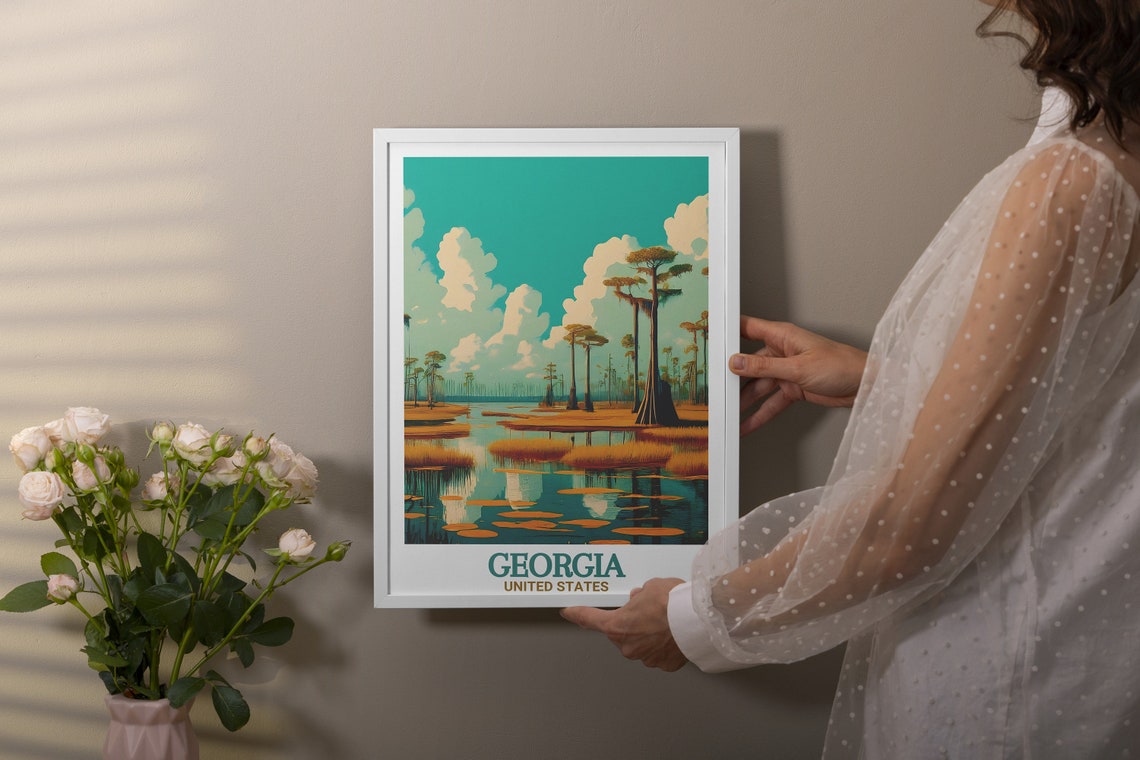 Okefenokee Swamp Cypress Wetlands Under Teal Sky Travel Poster - Image 3