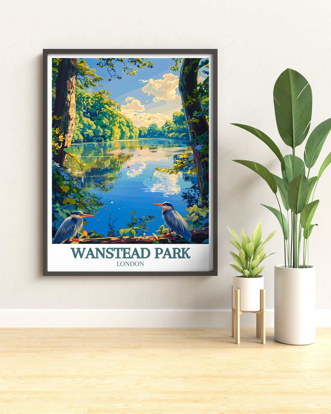 Wanstead Park Herons Resting on Log Forest Lake Travel Poster - Image 3
