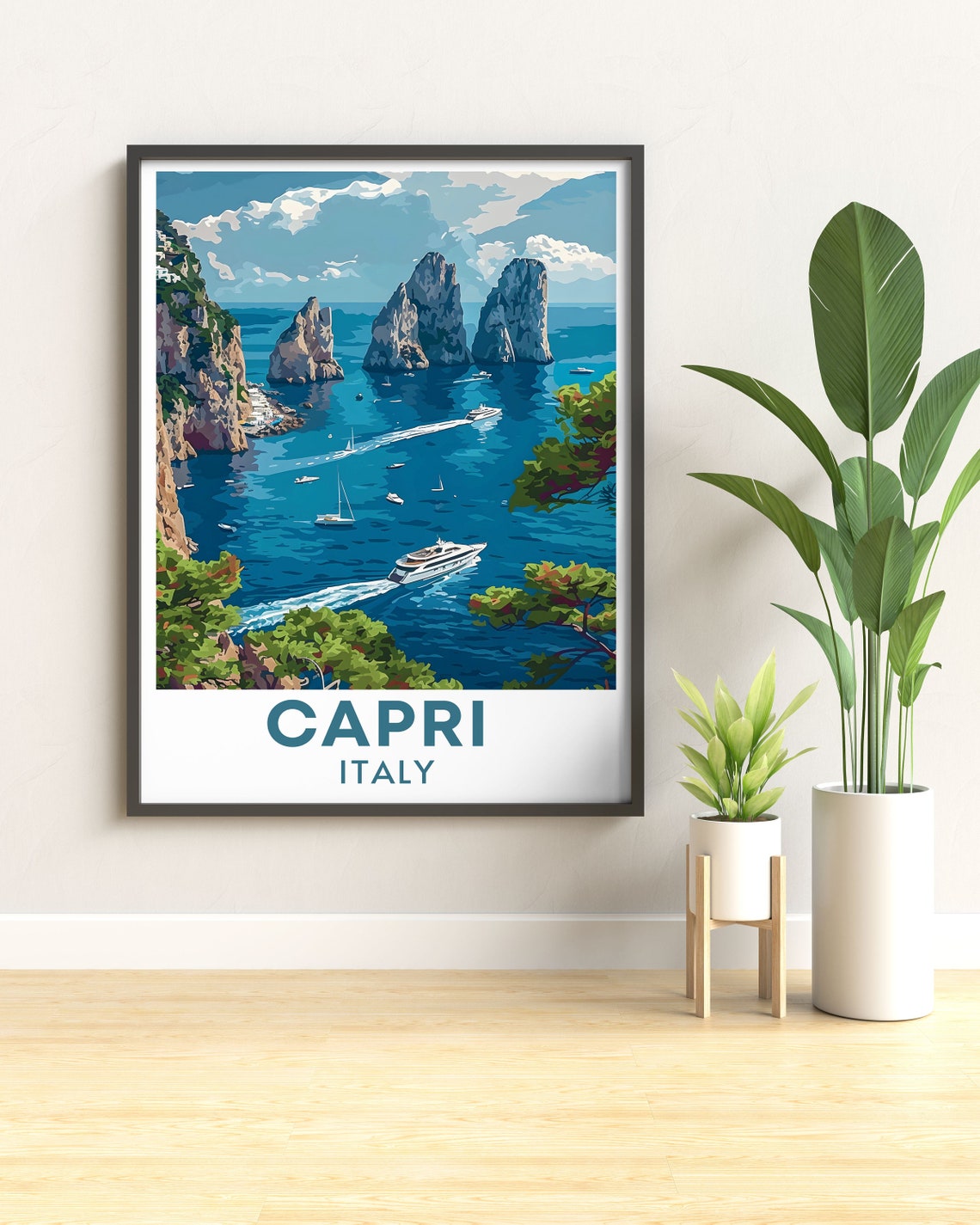 Capri Italy Faraglioni Rocks Blue Sea Yacht Riviera Travel Poster - Image 2