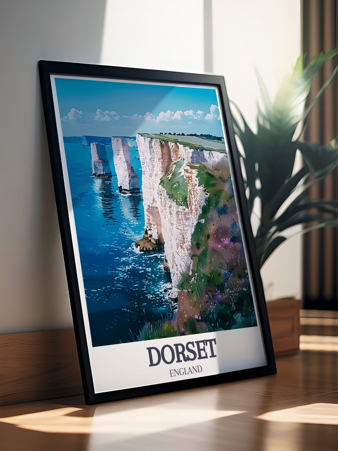 Dorset England Old Harry Rocks Chalk Stacks Above Deep Blue Poster - Image 3
