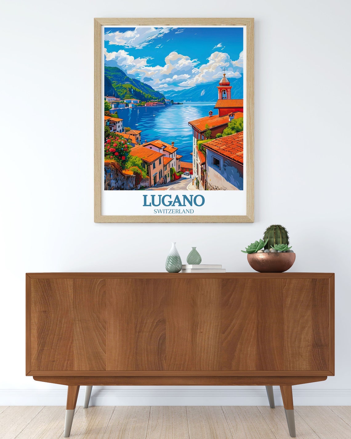 Lugano Switzerland Old Town Church Tower Over Lake View Poster - Image 3
