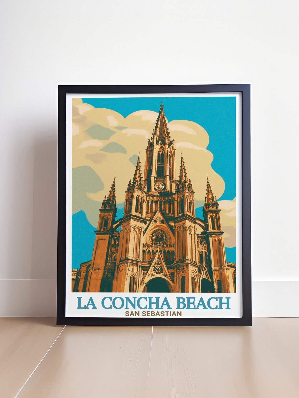 San Sebastian La Concha Beach Gothic Cathedral Retro Travel Poster - Image 4