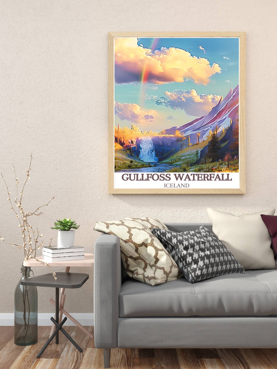 Gullfoss Waterfall Iceland Rainbow Over Green Mountain Valley Poster - Image 3