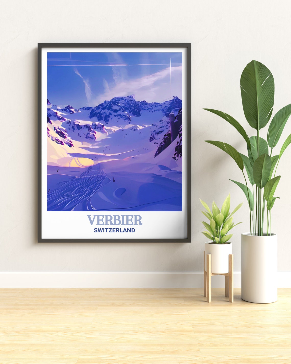 Verbier Switzerland Purple Hued Snowy Mountain Slopes Ski Poster - Image 2