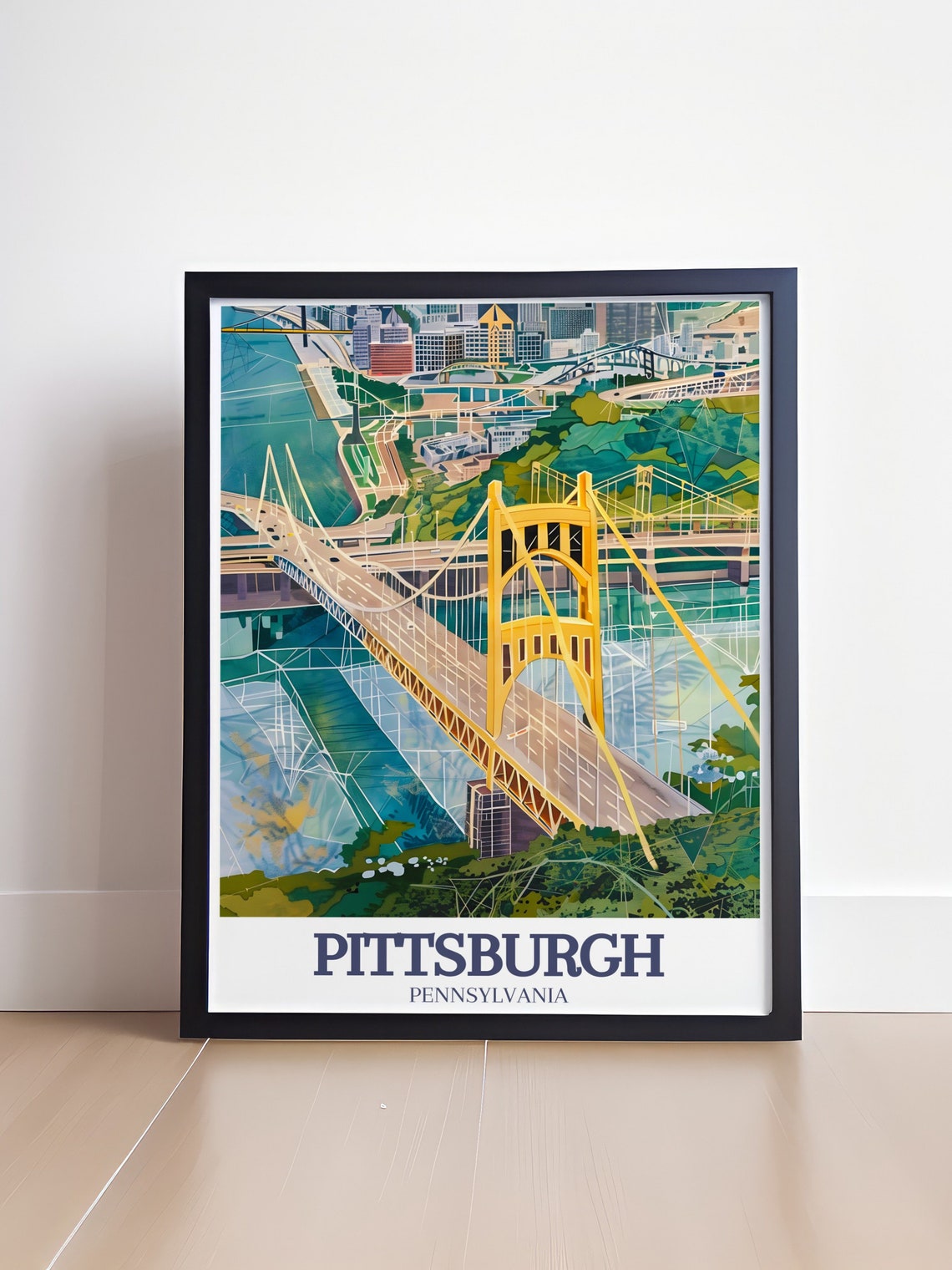 Pittsburgh Pennsylvania Yellow Suspension Bridge over the River Poster - Image 4
