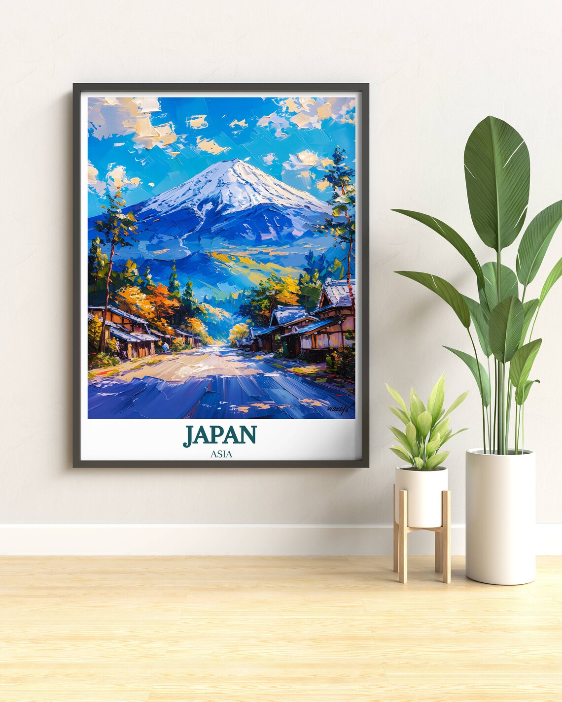 Mount Fuji Above Village Road In Oil Painting Japan Asia Poster - Image 3