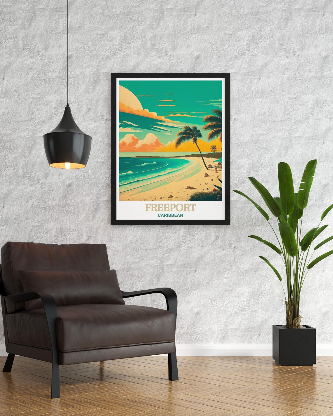 Freeport Caribbean Golden Sunset Palm Beach Waves Art Poster - Image 3