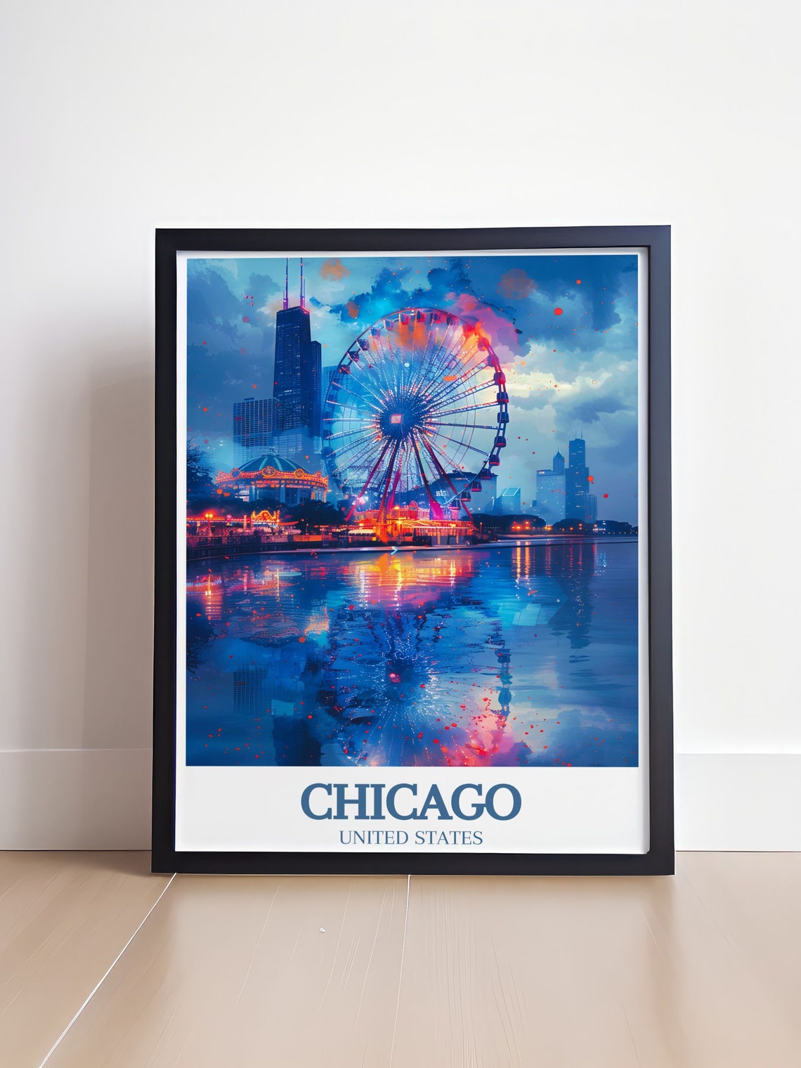Chicago Navy Pier Centennial Wheel at Night Over Lake Michigan Poster - Image 4